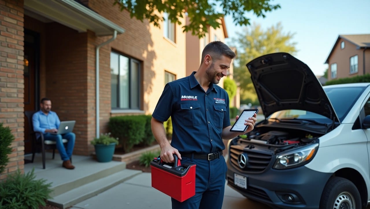 A realistic and professional digital illustration or photo-style image showing a friendly, uniformed mobile mechanic working on a car in a suburban driveway in Milwaukee, Wisconsin. The mechanic has a toolbox and diagnostic tablet, and the car hood is open.