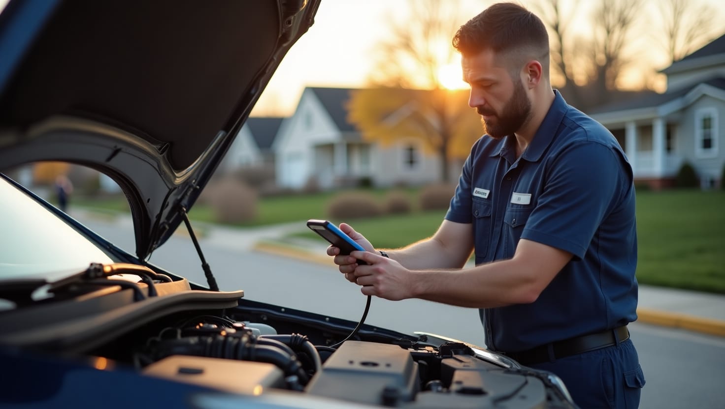 A professional mobile mechanic diagnosing a check engine light issue on a car in a Milwaukee neighborhood. The background shows a typical Milwaukee street with modest houses or city buildings in early morning or afternoon light.