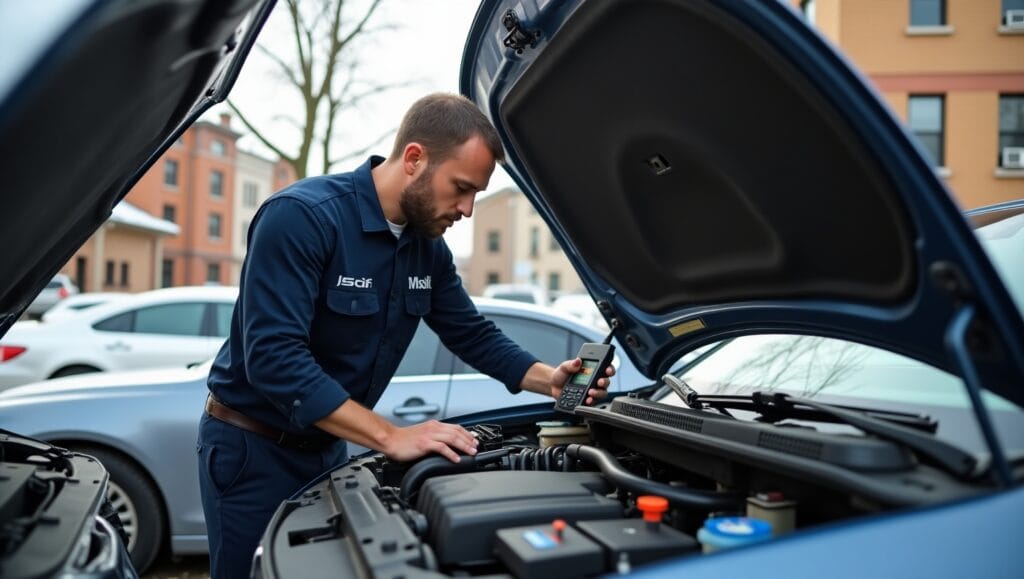 A professional mobile mechanic working on a car in a residential Milwaukee neighborhood. The mechanic is diagnosing the car’s engine using advanced OBD-II diagnostic tools while the car's hood is open. The setting includes typical Milwaukee urban architecture with some street trees, and the mechanic is dressed in a branded uniform.