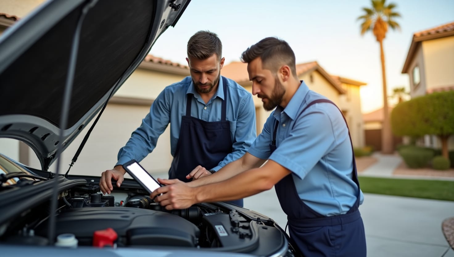 The atmosphere should be calm, professional, and focused on fast, convenient car repair services. Snow may be lightly visible in the background, emphasizing the city's cold weather conditions.
